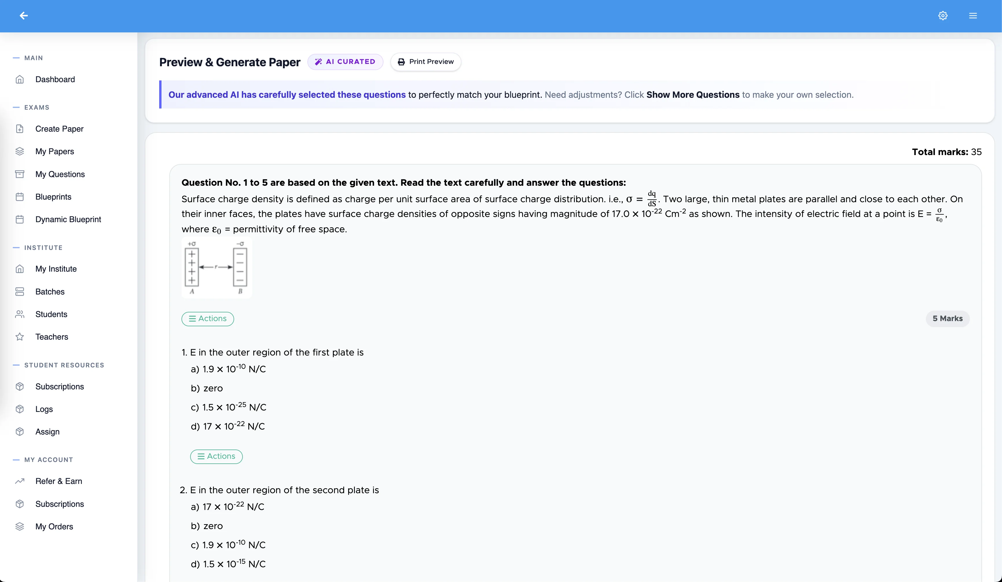 Examin8 test generator automatically curating exam questions from a database of 18 lakh+ verified questions
